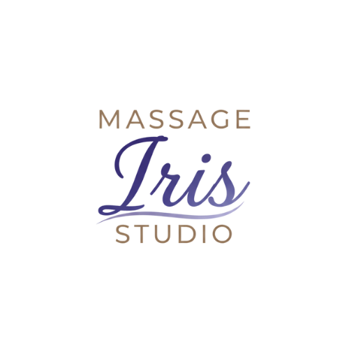 Massage Iris Studio logo with elegant purple script for 'Iris' and brown text for 'Massage' and 'Studio'