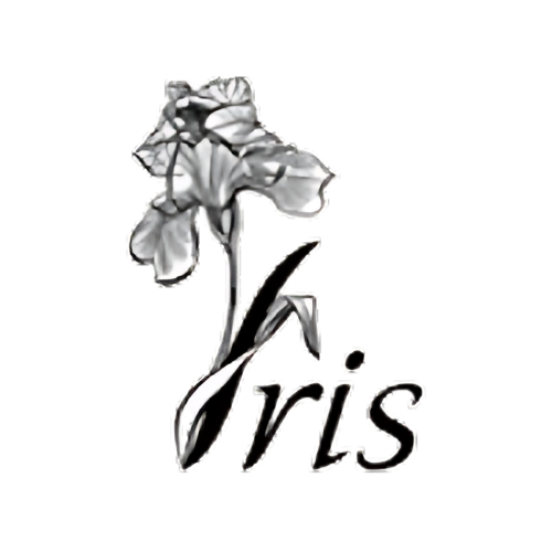 Massage Iris Studio logo with elegant purple script for 'Iris' and brown text for 'Massage' and 'Studio'