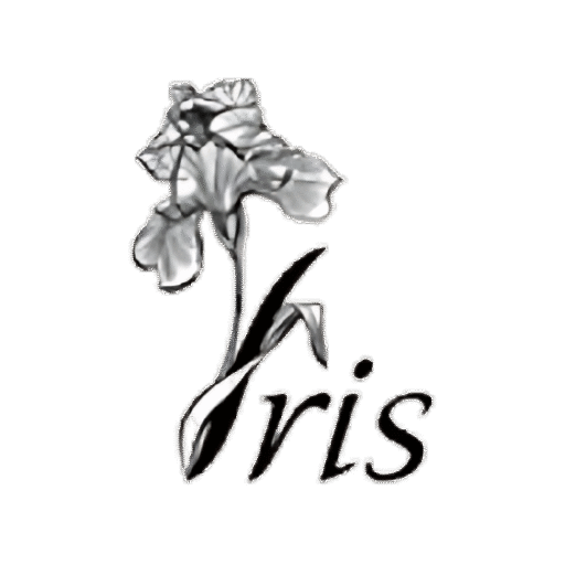 Massage Iris Studio logo with elegant purple script for 'Iris' and brown text for 'Massage' and 'Studio'
